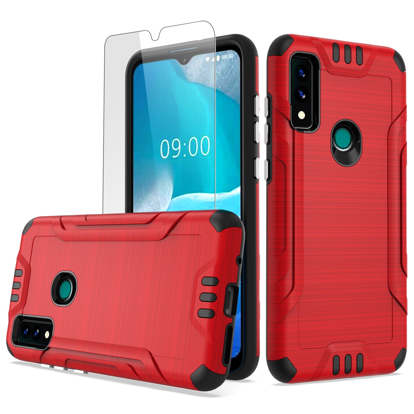 For AT&T Maestro 3 Hybrid Dual Layer Slim Metallic Brush Texture Hard PC TPU Rubber with Screen Protector Tempered Glass  Phone Case Cover