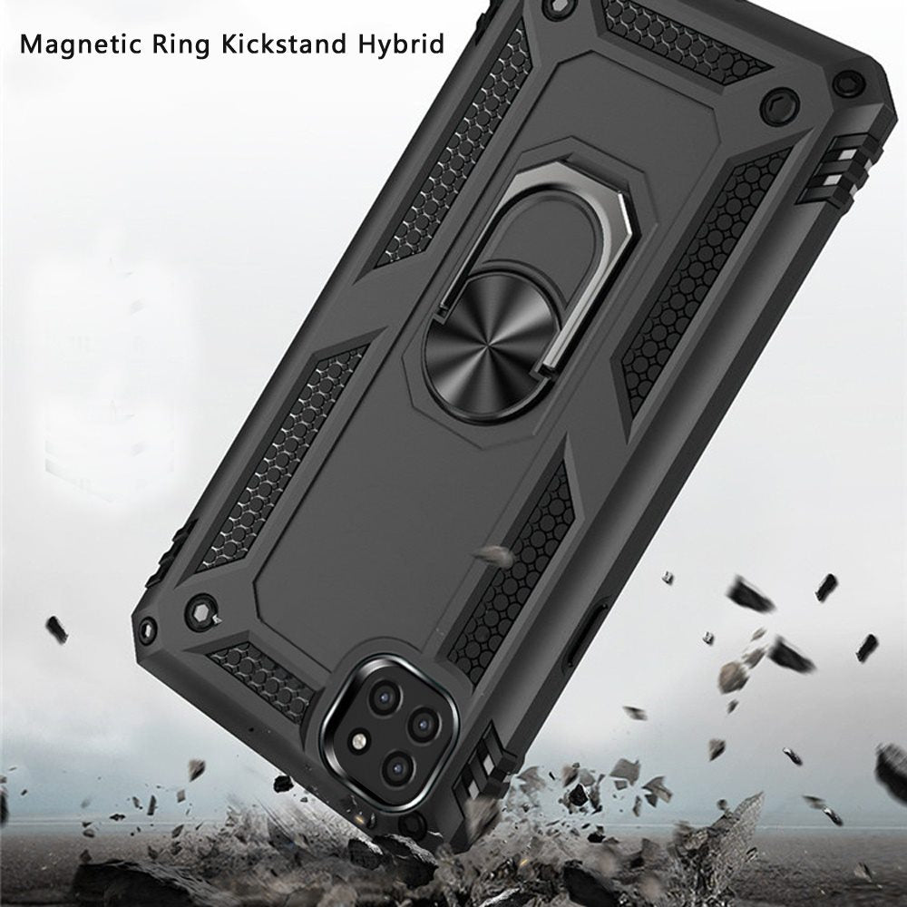 For Samsung Galaxy A22 5G Armor Hybrid Durable 360 Degree Rotatable Ring Stand Holder Kickstand 2in1 Fit Magnetic Car Mount Gray Phone Case Cover