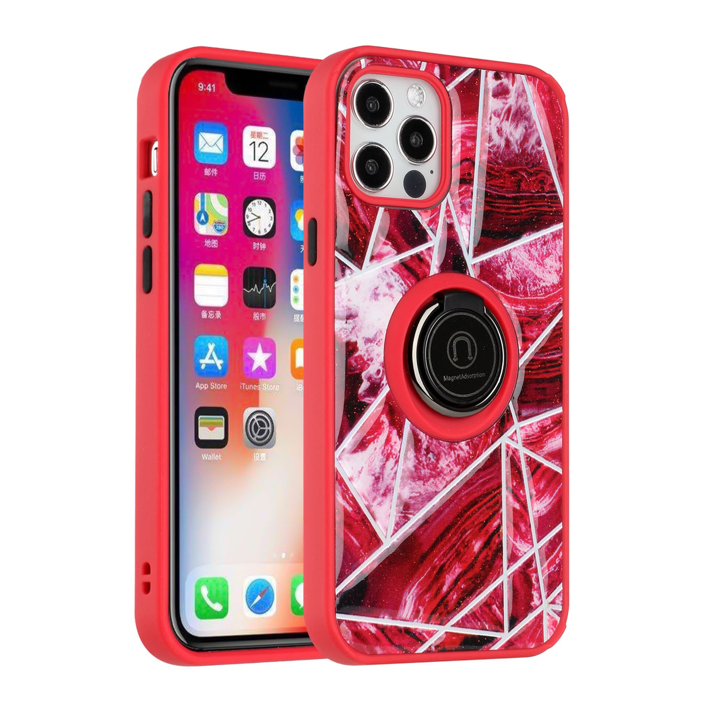 For Apple iPhone 11 (6.1") Marble Pattern Design with Magnetic Ring Kickstand Hybrid Hard Back Shockproof  Phone Case Cover