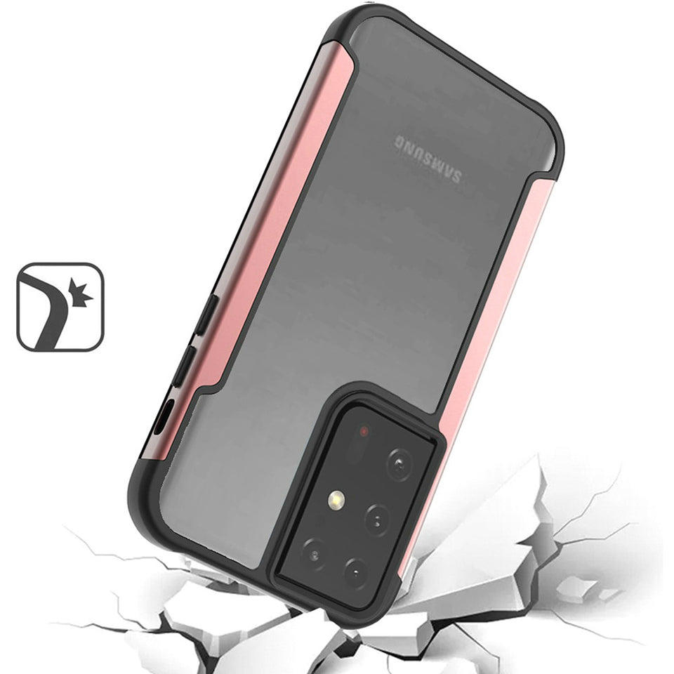 For Samsung Galaxy S22 Ultra Hybrid Aluminum Alloy Metal Clear Transparent Back PC TPU Bumper Frame Armor Shockproof Rose Gold Phone Case Cover