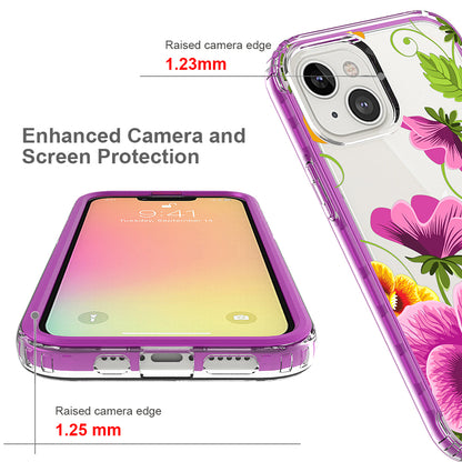 For Apple iPhone 14 Plus (6.7") Beautiful Design 3in1 Hybrid Triple Layer Armor Hard PC Plastic Rubber Frame Purple Summer Floral Phone Case Cover