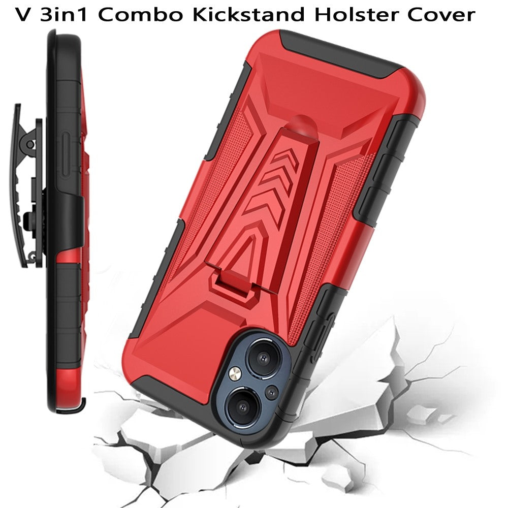 For OnePlus Nord N20 5G 3 in 1 Rugged Swivel Belt Clip Holster Heavy Duty Hybrid Armor Rubber TPU with Kickstand Stand Red Phone Case Cover