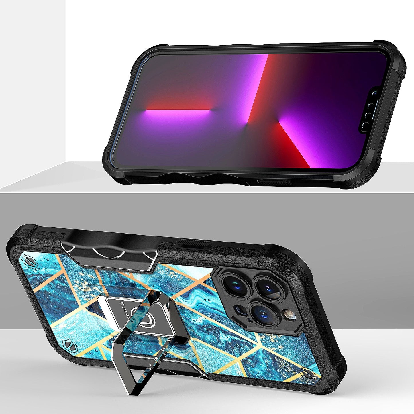 For Apple iPhone 14 (6.1") Marble IMD Stone Design Hybrid Armor Magnetic Ring Stand Kickstand Heavy Duty Rugged  Phone Case Cover