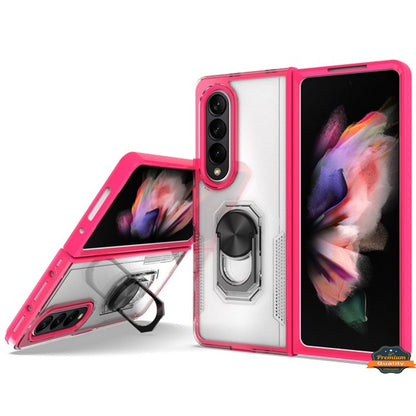 For Samsung Galaxy Z Fold 4 5G Transparent Hybrid Magnetic Ring Stand (work with Car Mount) Detachable Frame Bumper  Phone Case Cover