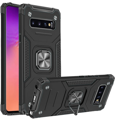 For Samsung Galaxy S10 Armor Hybrid with Ring Stand Holder Kickstand Shockproof Heavy-Duty Durable Rugged 2in1 Black Phone Case Cover