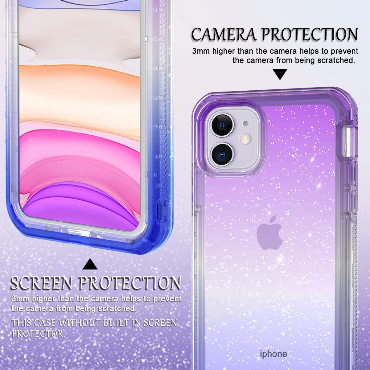 For Apple iPhone 13 Pro (6.1") Clear Gradient Glitter Bling Sparkly Hybrid Hard PC Soft TPU Bumper and Front Frame Drop Protective  Phone Case Cover