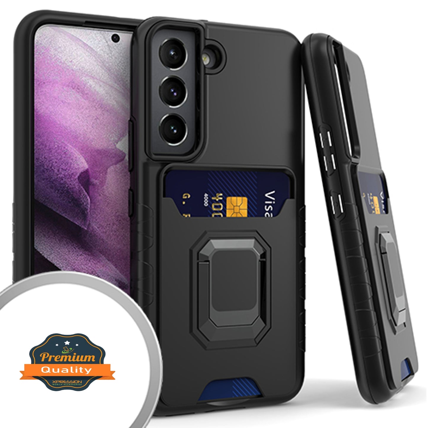For Samsung Galaxy S22 /Plus Ultra Wallet Credit Card Slot Holder Metal Ring Kickstand Heavy Duty Shockproof Hybrid Dual Layer  Phone Case Cover