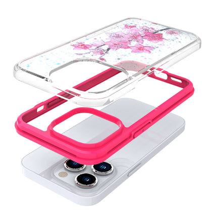 For Apple iPhone 13 Pro Max (6.7") Sakura Spring Flowers Design Colorful Frame Hybrid Rubber TPU Hard PC Shockproof Slim  Phone Case Cover