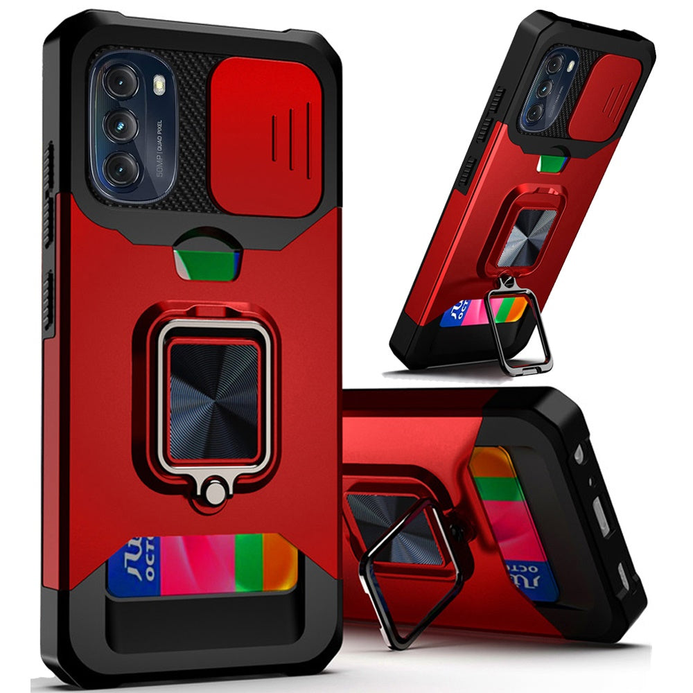 For Motorola Moto G 5G 2022 Wallet Case with Ring Stand & Slide Camera Cover Credit Card Holder, Military Grade Hard  Phone Case Cover
