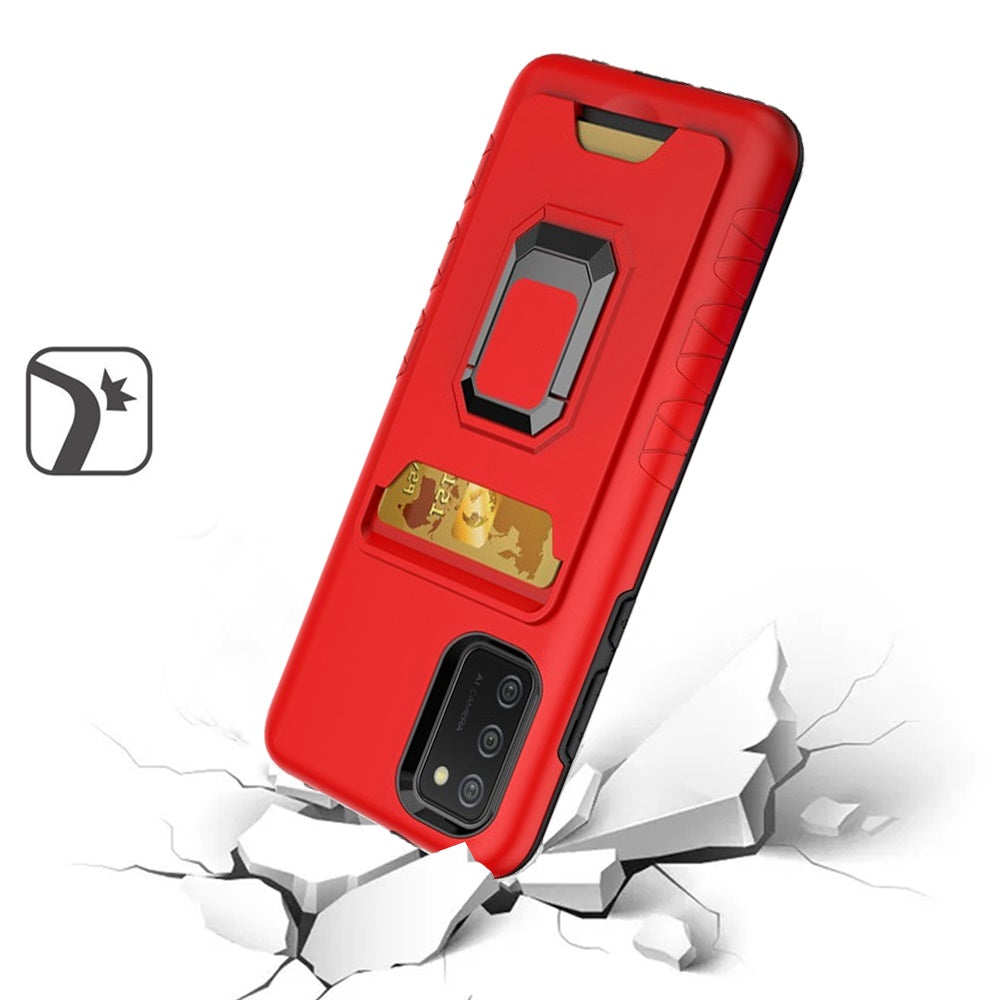 For Samsung Galaxy A02S Wallet Case Designed with Credit Card Holder & Ring Stand Kickstand Heavy Duty Hybrid Armor Red Phone Case Cover