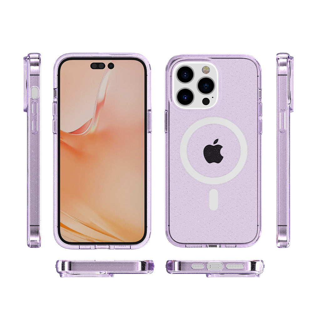 For Apple iPhone 14 (6.1") Transparent Glitter Bling Sparkly Hybrid Hard PC TPU Grip Shockproof Compatible with MagSafe Purple Phone Case Cover