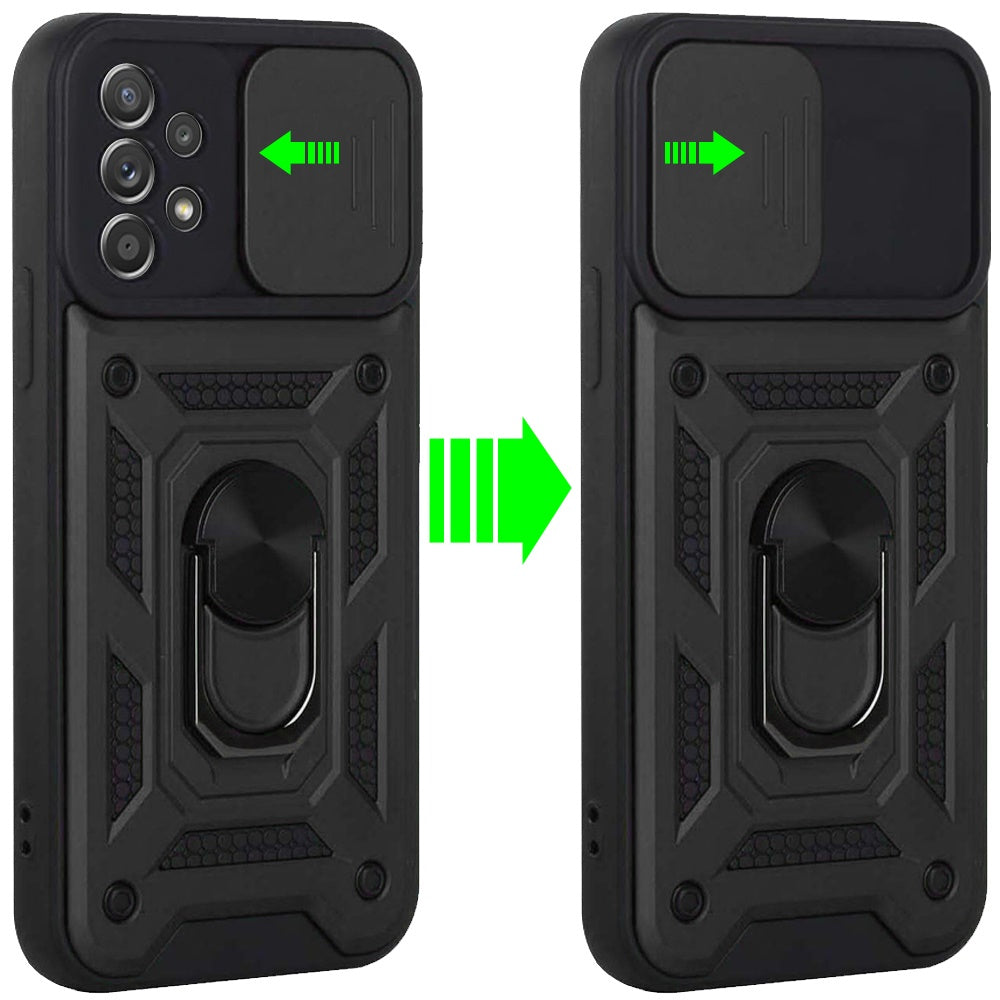 For Samsung Galaxy A33 5G Hybrid Cases with Slide Camera Lens Cover and Ring Holder Kickstand Dual Layer Hard Heavy Duty  Phone Case Cover