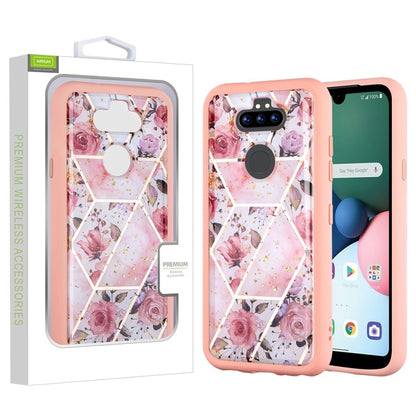 For LG K31 /Aristo 5/Fortune 3/Tribute Monarch / Phoenix 5 Hybrid Dual Layer Hard PC Cases Shockproof TPU Marble Roses Marbling Pink Phone Case Cover