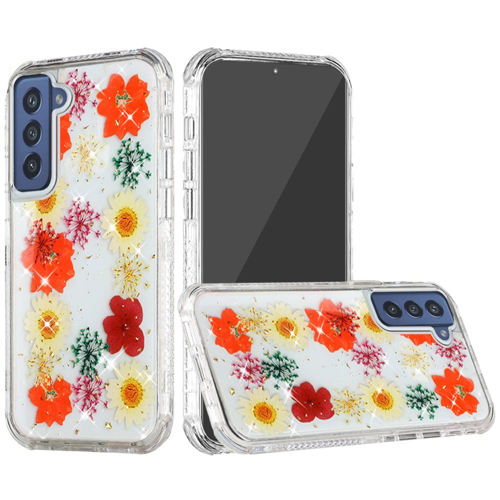 For Samsung Galaxy A23 5G Sparkle Glitter Floral Epoxy Design Shockproof Hybrid Fashion Bling Rubber TPU & Hard PC  Phone Case Cover
