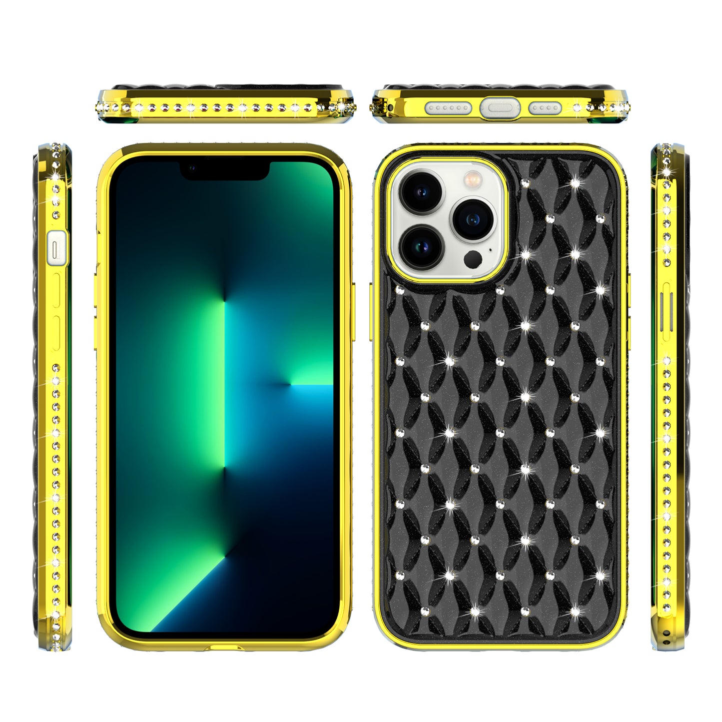 For Apple iPhone 13 Pro Max (6.7") Luxury Chrome Diamonds Rhinestone Thick Shiny Bling Protective Rubber Frame  Phone Case Cover