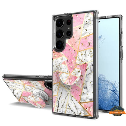 For Samsung Galaxy S23 /Plus /Ultra Elegant Pattern Design Bling Glitter Hybrid with Ring Stand Pop Up Finger Holder Kickstand  Phone Case Cover