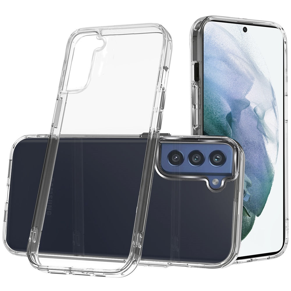 For Samsung Galaxy S21 FE /Fan Edition Hybrid HD Crystal Clear Hard PC Back Gummy TPU Frame Slim Fit Thick with Chromed Buttons Transparent Phone Case Cover