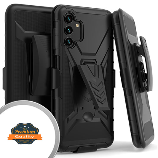 For Samsung Galaxy A13 5G Hybrid Belt Clip Holster with Built-in Kickstand, Heavy Duty Protective Shock Absorption Armor Defender Black Phone Case Cover