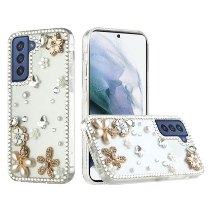 For Samsung Galaxy S21 Ultra Bling Clear Crystal 3D Full Diamonds Luxury Sparkle Rhinestone Hybrid Protective White Flower Butterfly Phone Case Cover