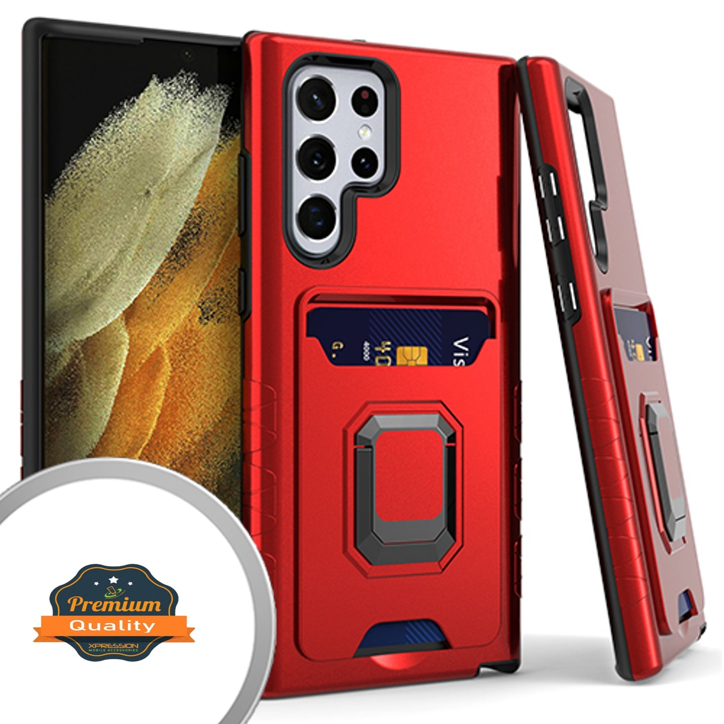 For Samsung Galaxy S22 /Plus Ultra Wallet Credit Card Slot Holder Metal Ring Kickstand Heavy Duty Shockproof Hybrid Dual Layer  Phone Case Cover