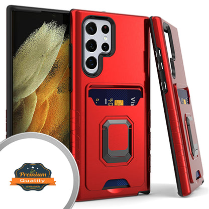 For Samsung Galaxy S22 /Plus Ultra Wallet Credit Card Slot Holder Metal Ring Kickstand Heavy Duty Shockproof Hybrid Dual Layer  Phone Case Cover