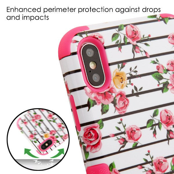 For Apple iPhone XS Max Stylish Hybrid Three Layer Hard PC Shockproof Heavy Duty TPU Rubber Anti-Drop Pink Roses Phone Case Cover