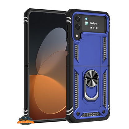 For Samsung Galaxy Z Flip 4 5G Shockproof Hybrid Dual Layer PC + TPU with Ring Stand Metal Kickstand Heavy Duty Armor Shell  Phone Case Cover