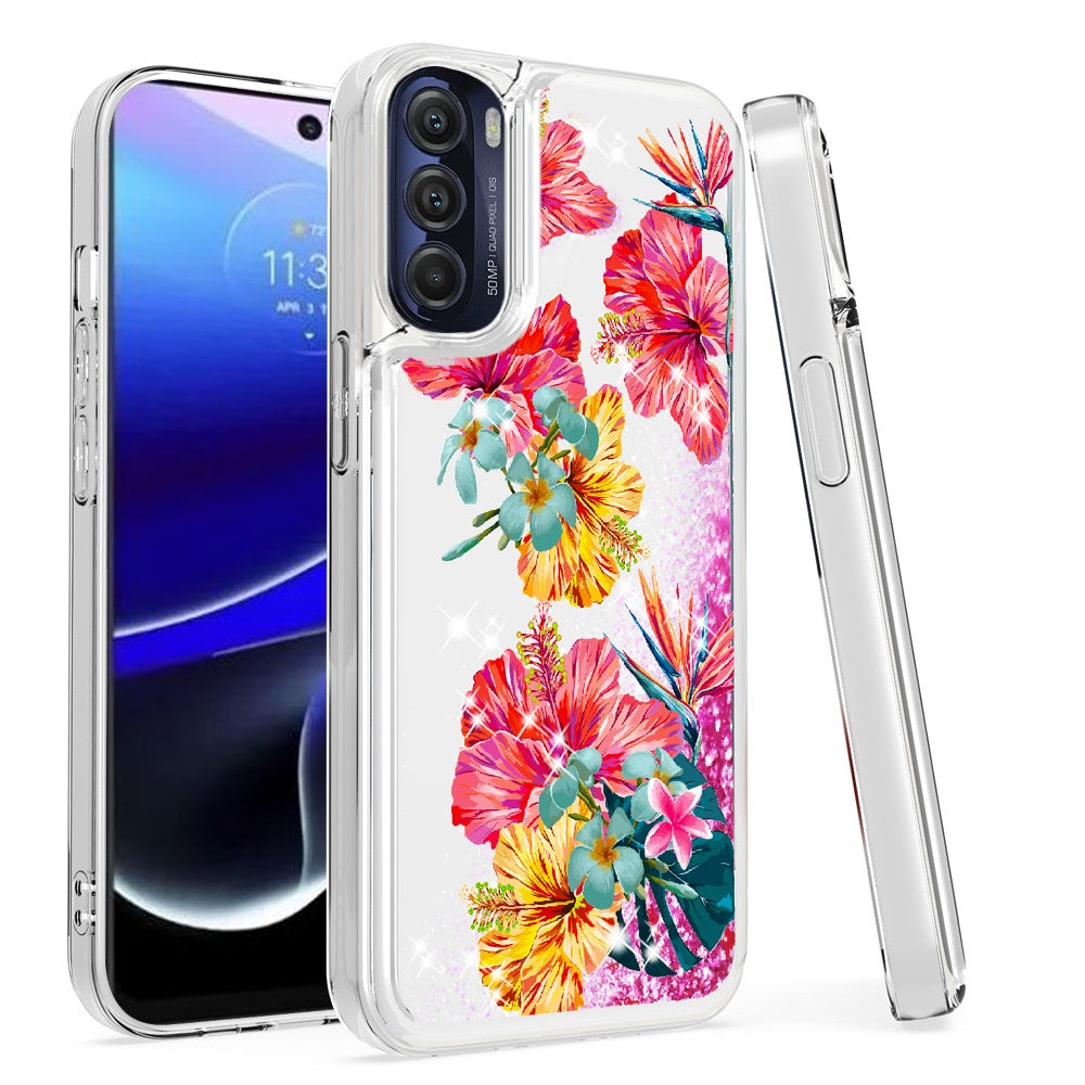 For Motorola Moto G Stylus 5G 2022 Quicksand Water Flowing Liquid Floating Glitter Bling Flower Fashion TPU Hybrid  Phone Case Cover