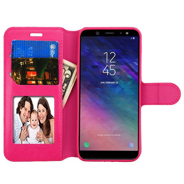 For Samsung Galaxy A6 (2018) PU Leather Wallet with Credit Card Holder Storage Folio Flip Pouch Stand Hot Pink Phone Case Cover