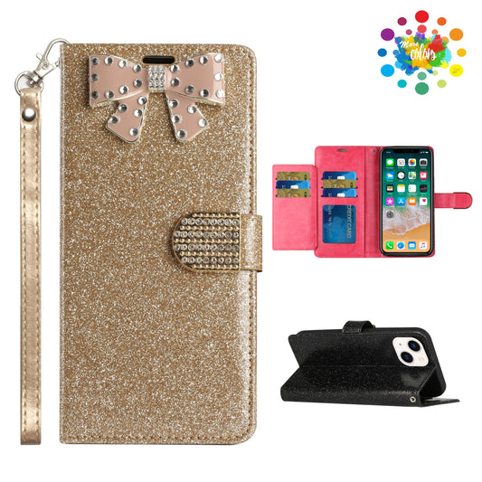For Samsung Galaxy S22 Ultra Wallet Bow Glitter Bling Ornament Shimmer with Credit Card Slot Pocket & Lanyard  Phone Case Cover