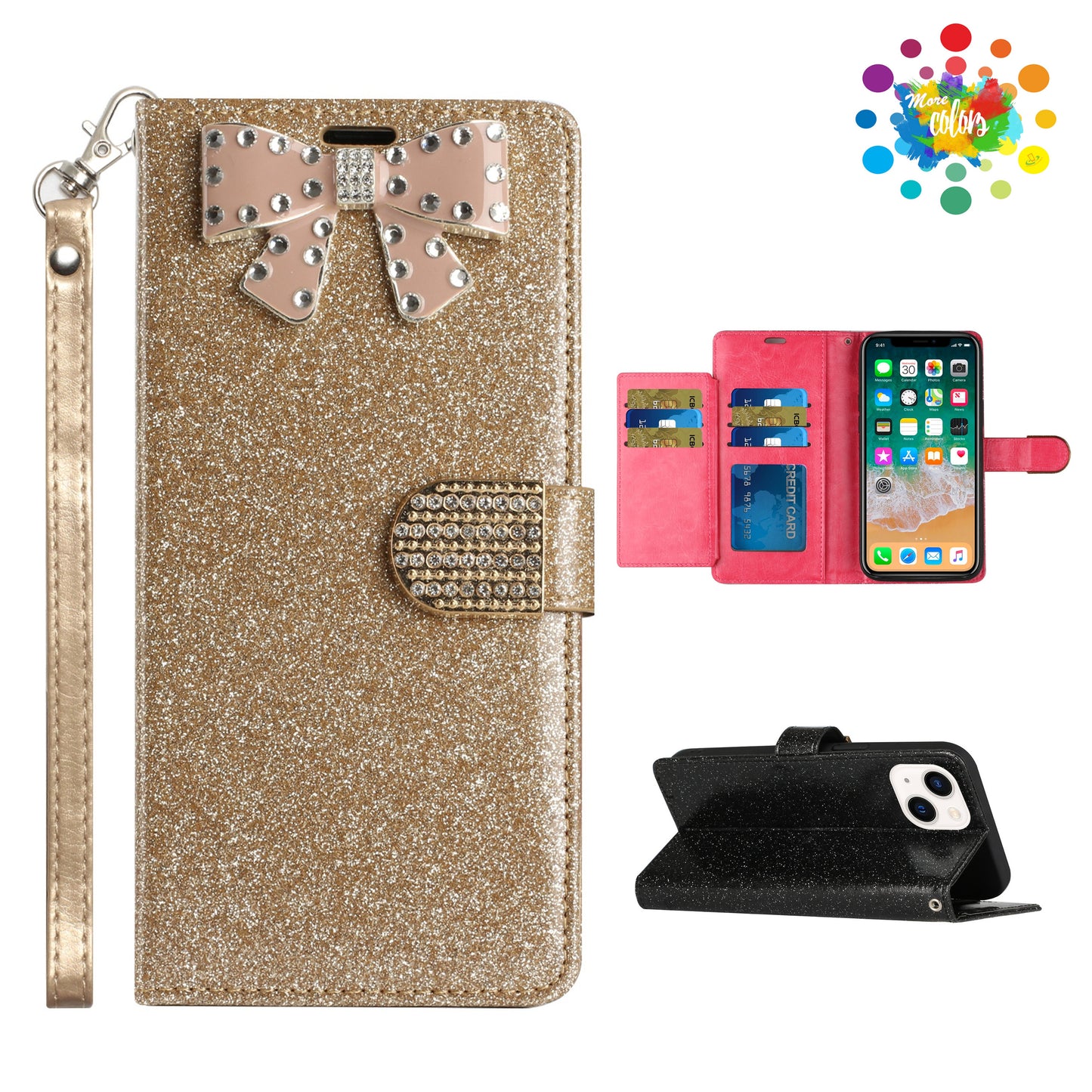 For Samsung Galaxy A53 5G Wallet Bow Glitter Bling Ornament Shimmer with Credit Card Slot Pocket & Lanyard  Phone Case Cover