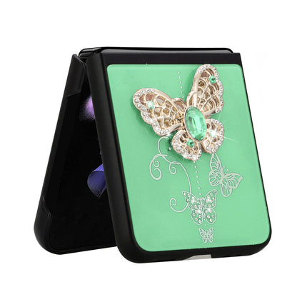 For Samsung Galaxy Z Flip 4 5G 3D Diamond Bling Sparkly Glitter Ornaments Engraving Hybrid Metal Fashion Teal Garden Butterflies Phone Case Cover