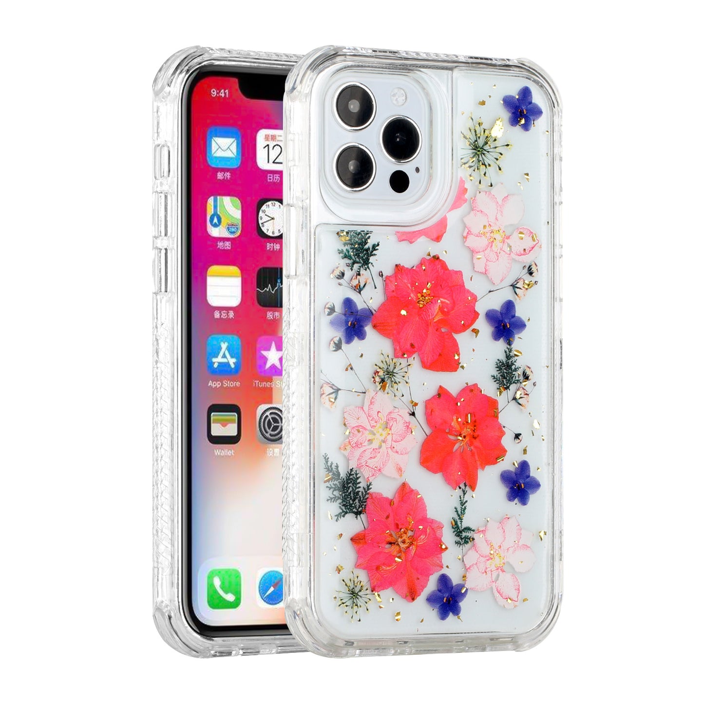 For Apple iPhone 14 (6.1") Sparkle Glitter Floral Epoxy Design Shockproof Hybrid Fashion Bling Rubber TPU Hard  Phone Case Cover