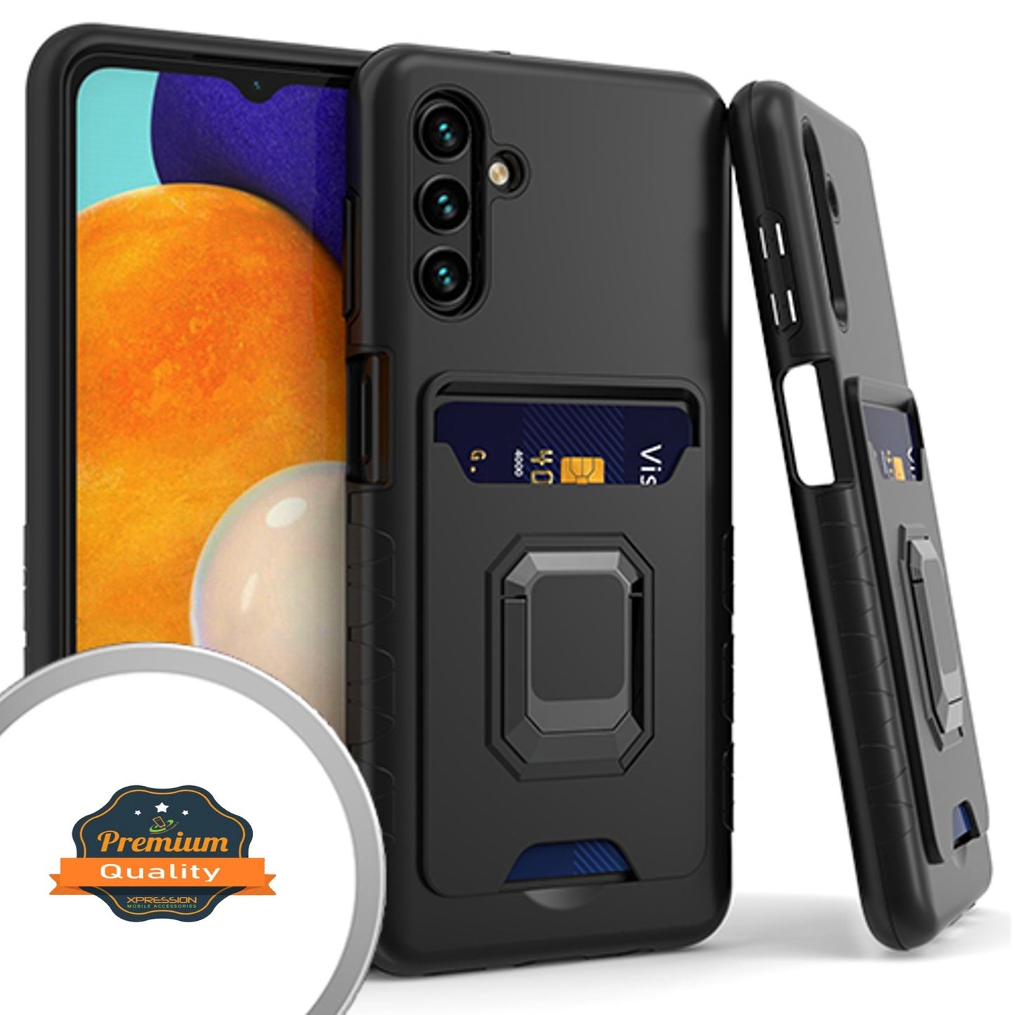 For Samsung Galaxy A13 5G Wallet Credit Card Slot Holder with Metal Ring Kickstand Heavy Duty Shockproof Hybrid Dual Layer Magnetic Stand  Phone Case Cover