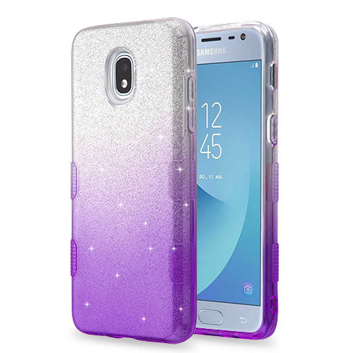 For Samsung Galaxy J3 V /J3 3rd Gen /Galaxy Express Prime 3 Glitter Stylish Design Hybrid Rubber TPU Hard PC Shockproof Armor Rugged Purple Silver Phone Case Cover