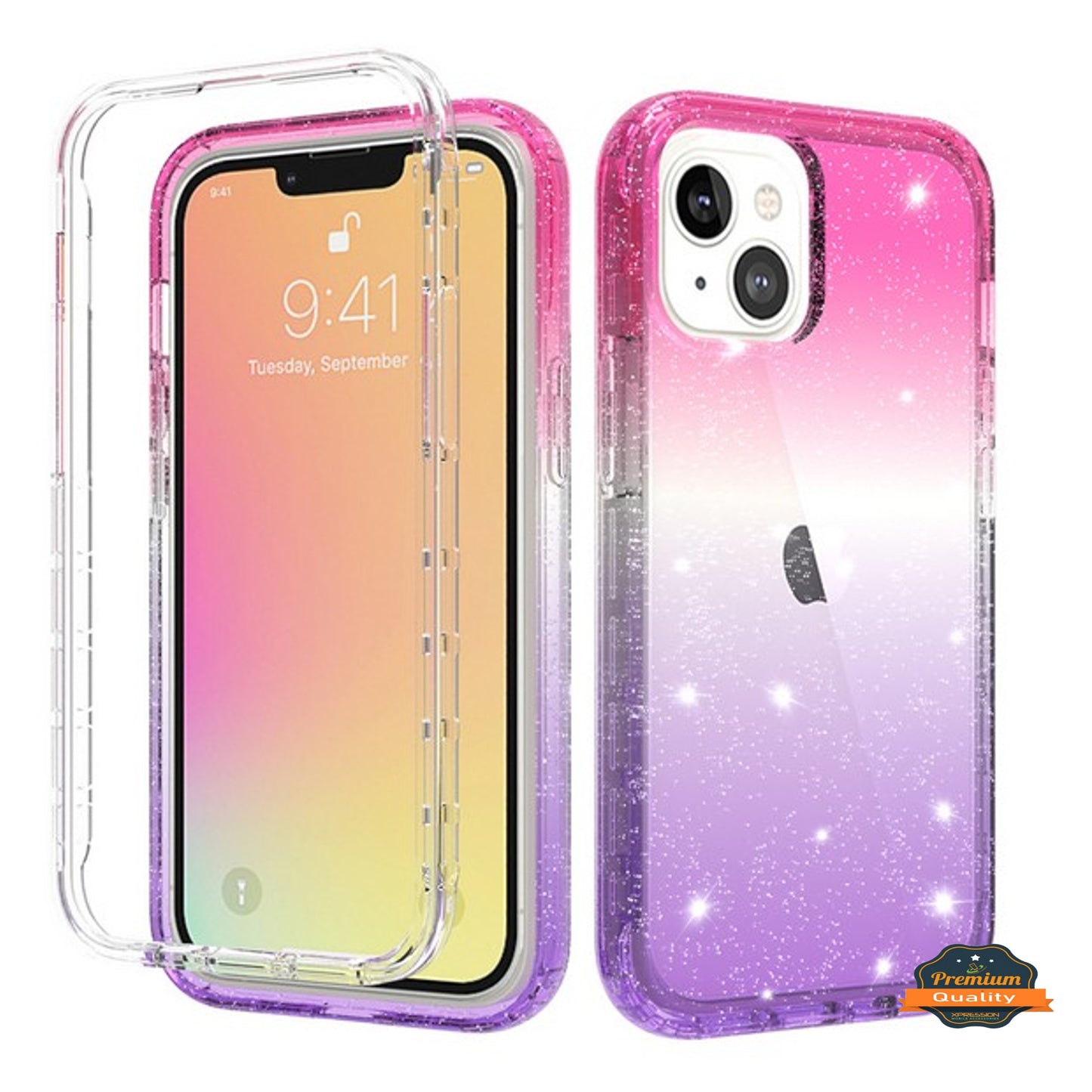For Apple iPhone 13 Pro (6.1") Clear Gradient Glitter Bling Sparkly Hybrid Hard PC Soft TPU Bumper and Front Frame Drop Protective  Phone Case Cover
