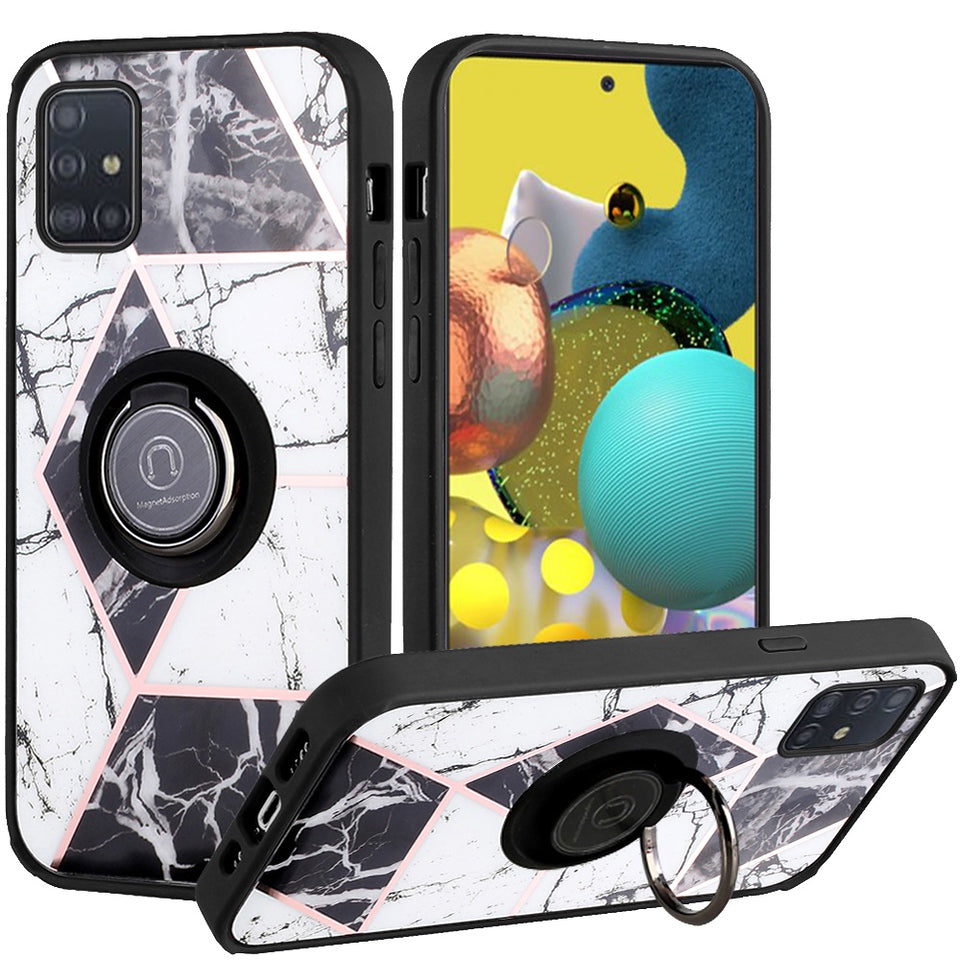 For Motorola Moto G 5G 2022 Marble Design with Magnetic Ring Kickstand Holder Hybrid TPU Hard PC Shockproof Armor Classy Black Phone Case Cover