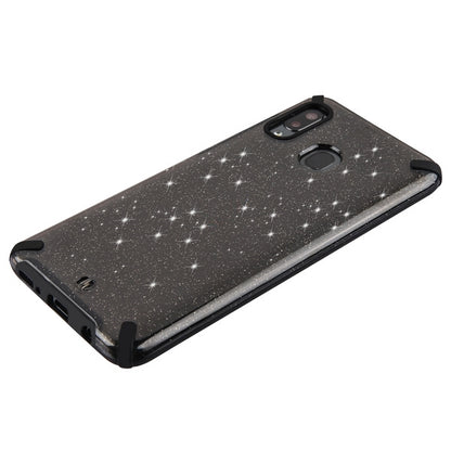 For Samsung Galaxy A20 Slim Fit Hybrid Dual Layer Shockproof Hard TPU Glitter Bling Design Black Phone Case Cover