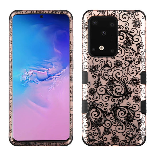 For Samsung Galaxy S20 Ultra (6.9") Stylish Hybrid Three Layer Hard PC Shockproof Heavy Duty TPU Rubber Anti-Drop Rose Gold Leaf Clover Flower Phone Case Cover