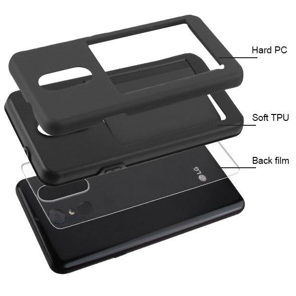 For LG Stylo 4 / Stylo 4 Plus Credit Card Wallet Back Storage Invisible Pocket Dual Layer Hard PC TPU Hybrid Protective Black Phone Case Cover