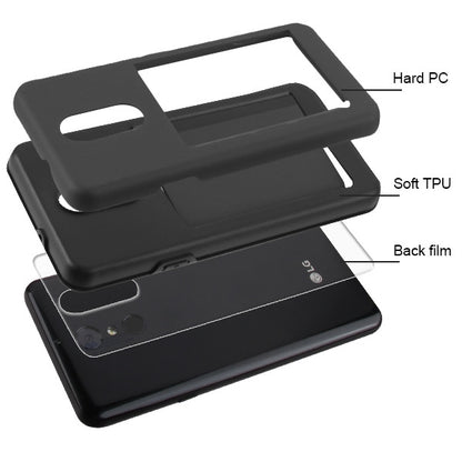 For LG Stylo 4 / Stylo 4 Plus Credit Card Wallet Back Storage Invisible Pocket Dual Layer Hard PC TPU Hybrid Protective Black Phone Case Cover