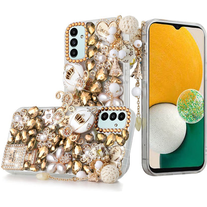 For Apple iPhone 12 /12 Pro (6.1") Bling Crystal 3D Full Diamonds Pearl Luxury Sparkle Rhinestone Glitter Hybrid Ultimate Multi Ornament Gold Phone Case Cover