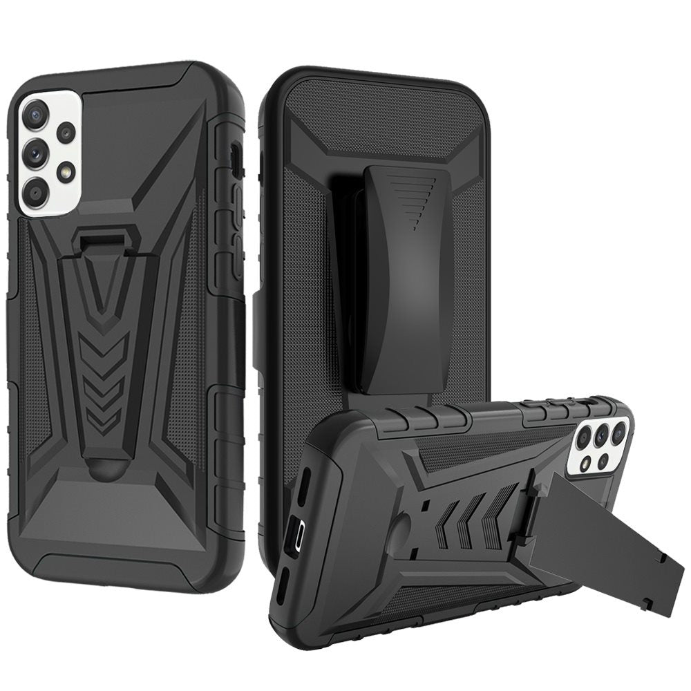 For Samsung Galaxy A32 5G 3 in 1 Rugged Swivel Belt Clip Holster Heavy Duty Hybrid Armor Rubber TPU with Kickstand Stand Black Phone Case Cover