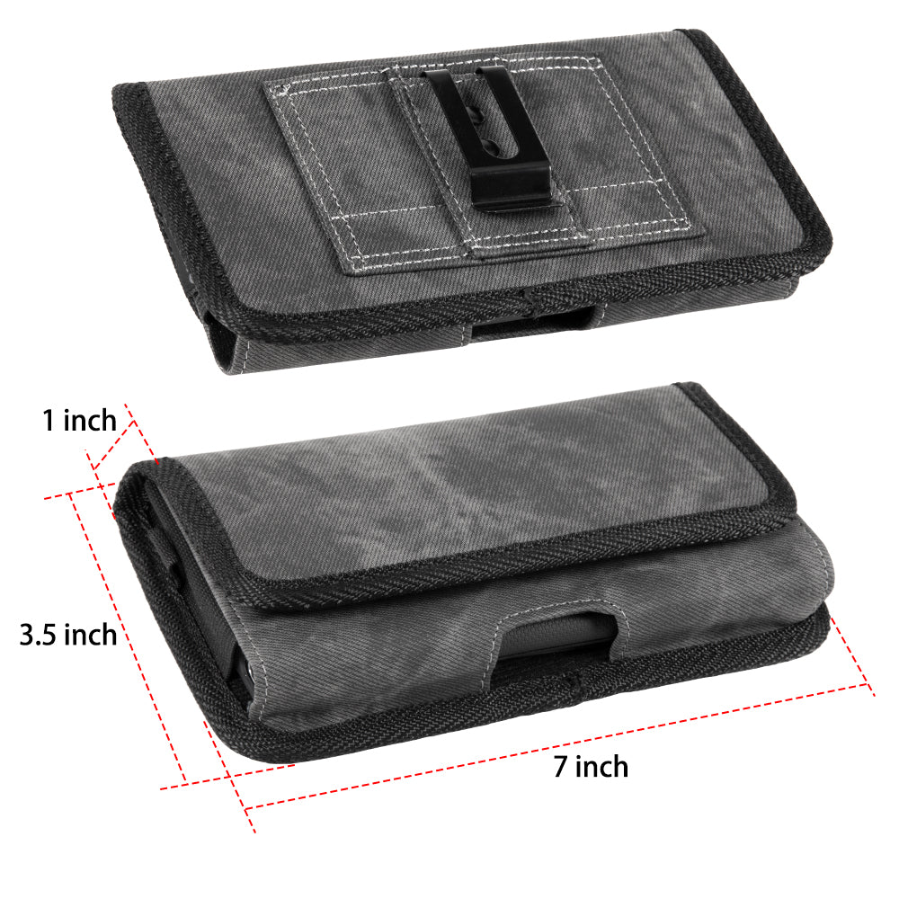 For Motorola Moto G Power 2022 Universal Horizontal Cell Phone Case Fabric Holster Carrying Pouch with Belt Clip and 2 Card Slots fit XL Devices 7" [Black Denim]