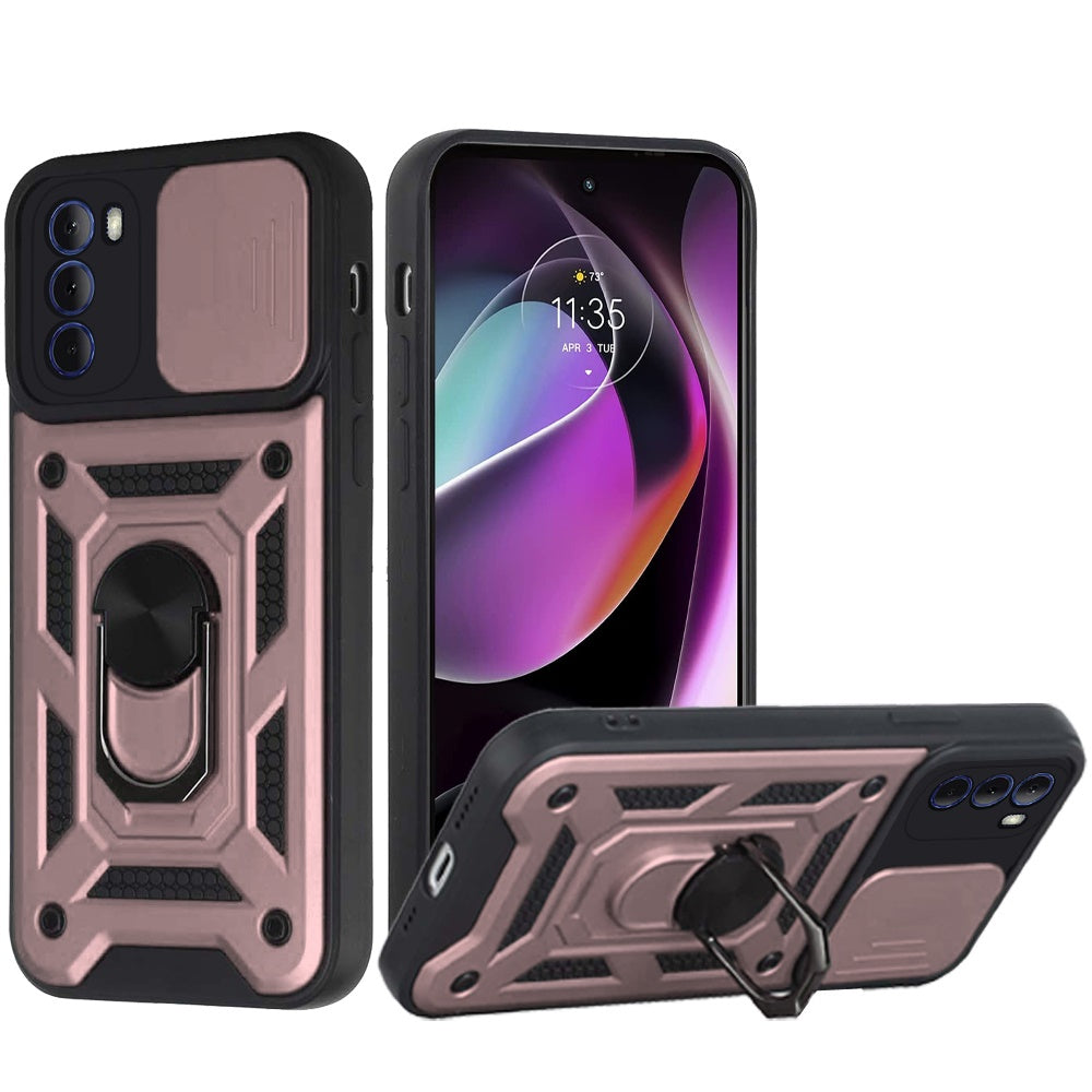 For Motorola Moto G 5G 2022 Hybrid Ring Holder Kickstand with Slide Camera Lens Cover, Rugged Dual Layer Heavy Duty Rose Gold Phone Case Cover