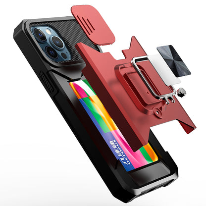 For Apple iPhone 13 Pro Max (6.7") Wallet Case with Ring Stand & Slide Camera Cover Credit Card Slot Holder, Military Grade Red Phone Case Cover