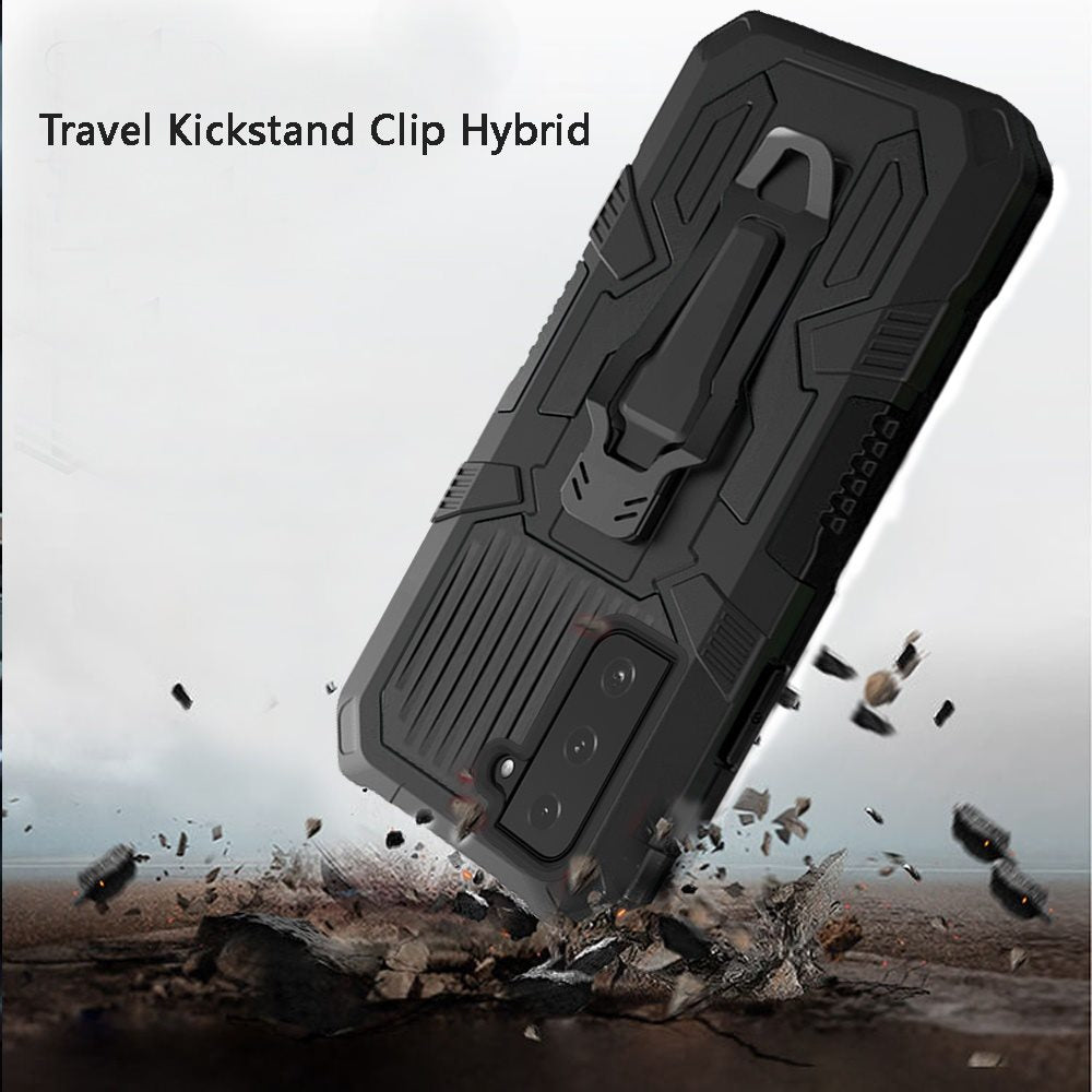 For Samsung Galaxy S21 FE /Fan Edition Rugged Heavy Duty Dual Layers Hybrid Shockproof Shell with Built in Metal Clip Holder & Kickstand  Phone Case Cover