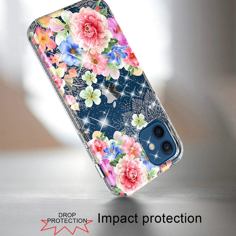 For Apple iPhone XR Stylish Slim Hybrid Shiny Glitter Clear Floral Pattern Bloom Flower Design TPU Gel Hard PC Back  Phone Case Cover