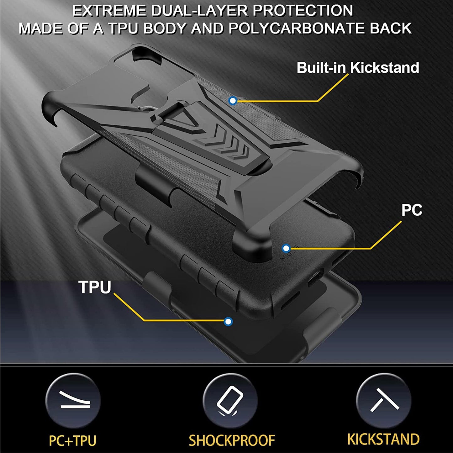 For Samsung Galaxy A13 5G Belt Clip Holster Dual Layer Shockproof with Clip On & Kickstand Heavy Duty Full Body Hybrid Black Phone Case Cover