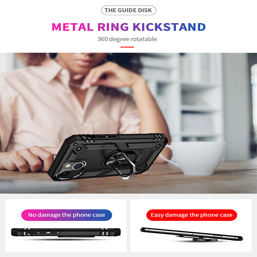 For Apple iPhone 13 /Mini Pro Max Military Grade Heavy Duty Armor Protection Hybrid with Rotating Metal Ring Kickstand Finger Loop Stand  Phone Case Cover